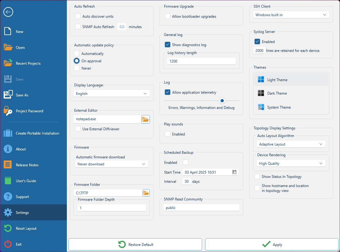 Settings interface
